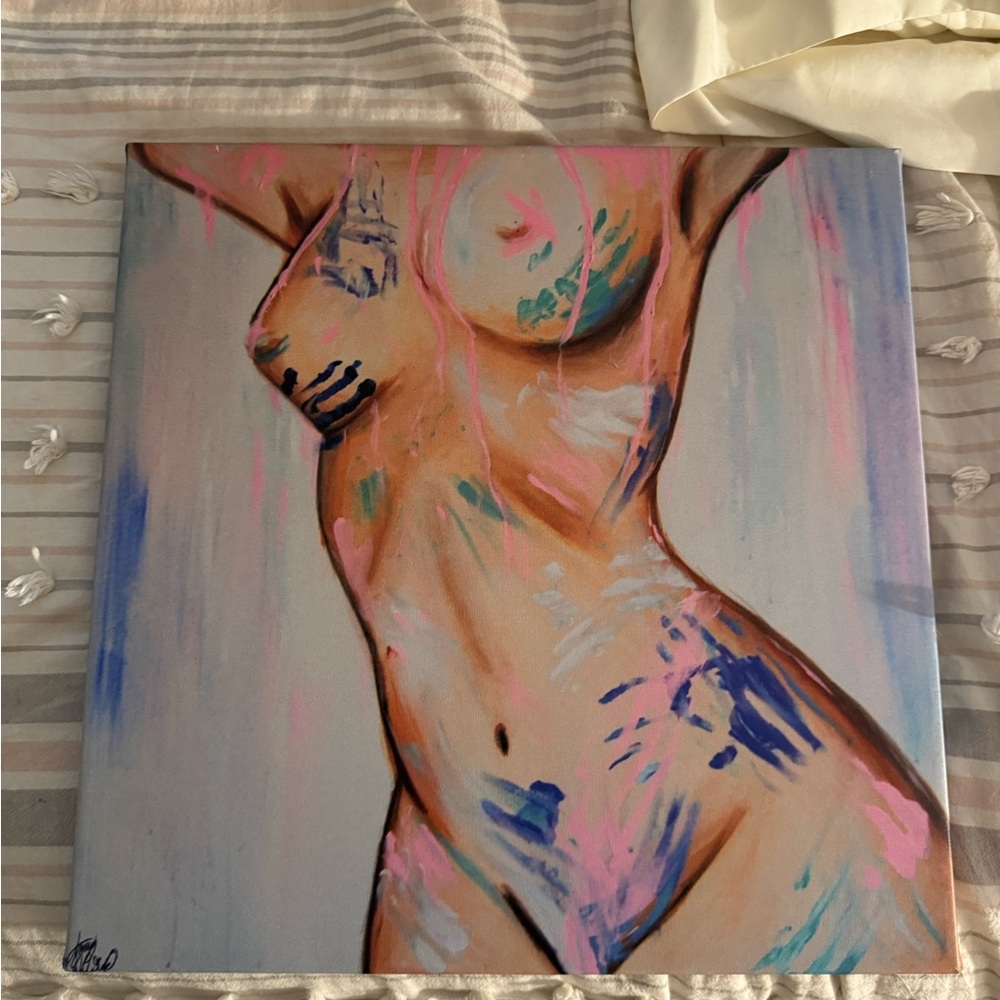 Abstract Nude Figure Canvas Art Print in Peach and Pink 16x16